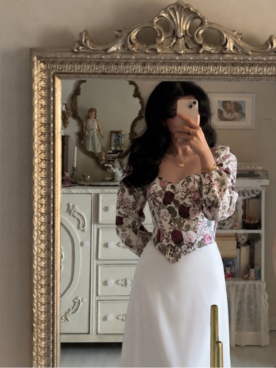 None Tops - Floral Bustier Top in White with Pink & Red Roses